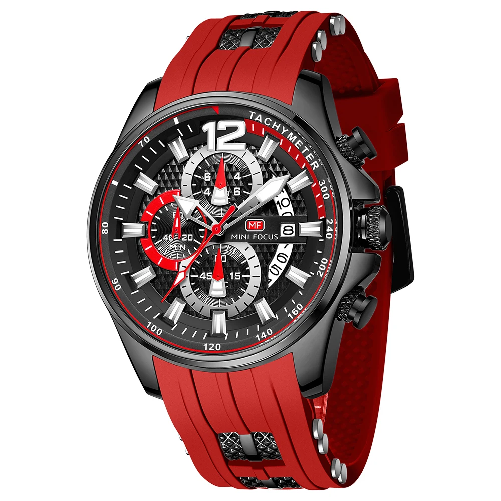 MINI FOCUS Fashion Men's Watches Top Brand Luxury Quartz Waterproof Sports Clock Wristwatch Relogio Masculino Red Silicone Strap 3