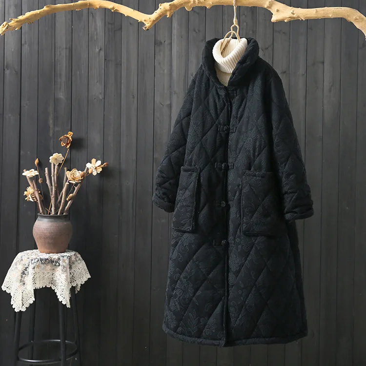 

2018 Winter New Style Korean-style Retro Stand Collar Frog Rhombus Jacquard over-the-Knee X-long Cotton-padded Clothes Women's