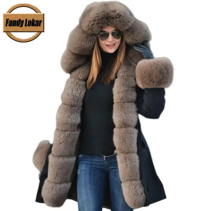 FP1807black Fandy lokar, парка из натурального меха, женская зимняя куртка, натуральный Лисий мех, пальто с капюшоном, натуральный мех кролика, подкладка, куртка, Женское пальто из натурального меха - Цвет: FP1807black