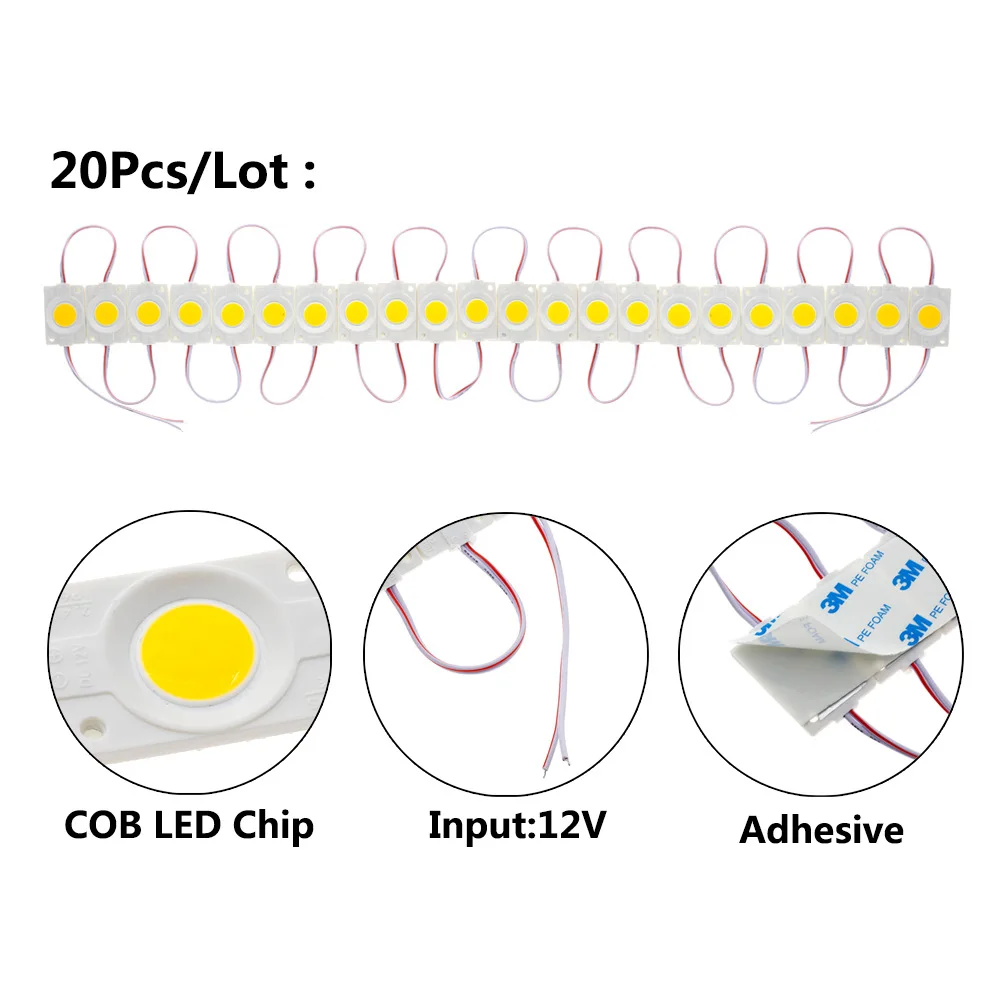 DC 12V 24V COB LED Module 20PCS Injection Molding 2.4W Pink Red Blue Warm White CRI90 120Degree For Advertising Box Lighting