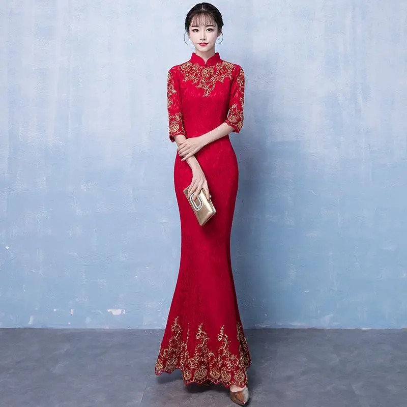 Красный китайский традиционный для женщин рыбий хвост Qipao невесты свадебное платье Элегантный кружево Мандарин воротник Cheongsam Vestidos De Festa - Цвет: Style 9