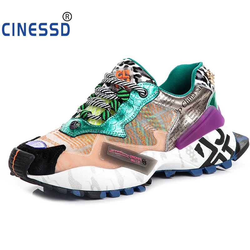

CINESSD Breathable Mesh Women Sneakers Summer Mixed Colors Snake Graffiti Shoes Lace-up Platform Shoes Woman Chaussures YK5