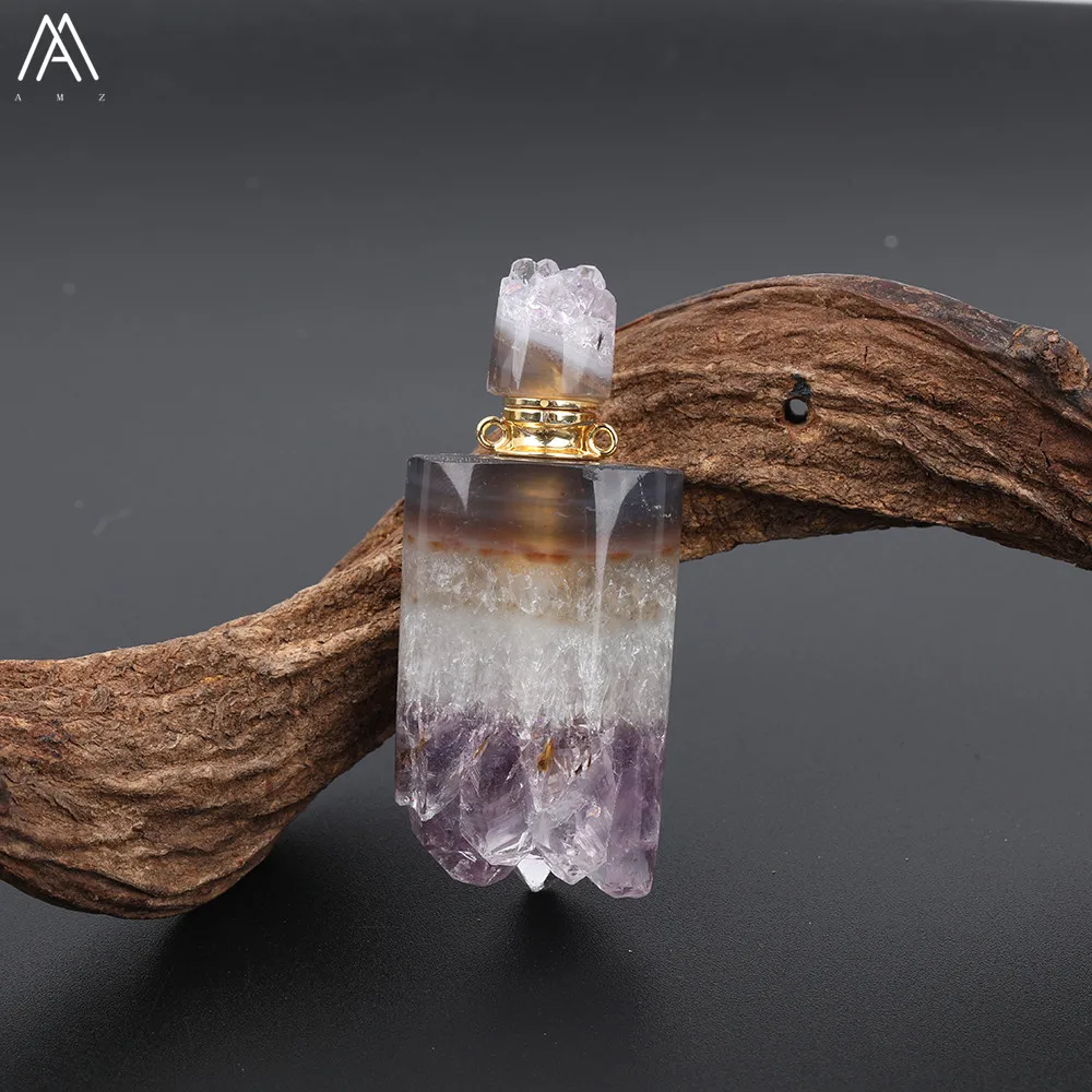 Fashion Women Small Natural Citrines Quartz Irregular Amethysts Quartz Perfume Bottles Gold Copper Chain Necklace EF-DG-72AMFE - Окраска металла: Amethysts Quartz