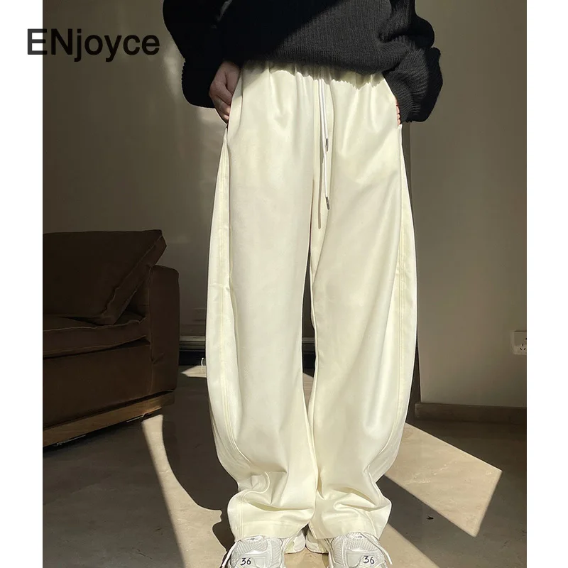 

Vintage White Wide Leg Pants Women Drawstring High Waist Loose Pants Korean Style Fashion Ladies Mopping Trousers Fall Winter