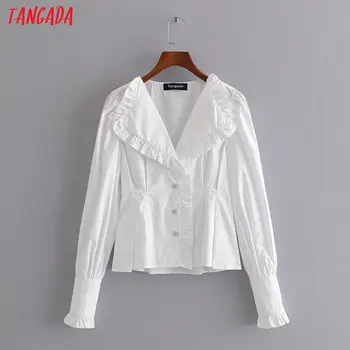 

Tangada women ruffle white cotton shirts French style long sleeve solid ladies tunic blouses tops 3H461