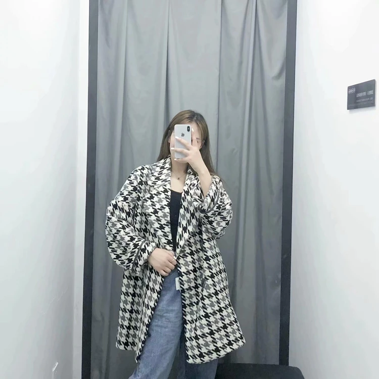 Kpop зимняя женская одежда клетчатые женские куртки новое длинное шерстяное пальто с принтом женская Элегантная Модная двубортная верхняя одежда
