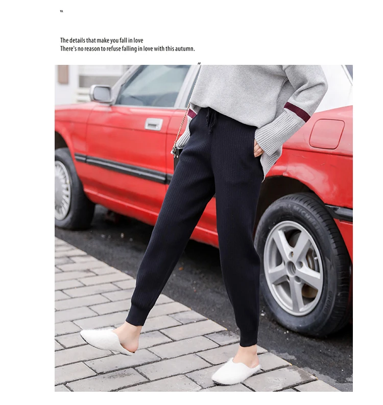 Knitted Harem Pants Women Drawstring Skinny Pants Mid Waist Trousers Pockets Knitted Striped Sweatpants Pantalon Femme 7285 50