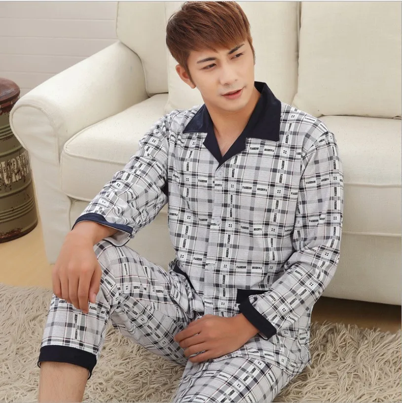 

Spring Summer Men Long Sleeve Tracksuit Plus-sized Casual Pajamas Fold-down Collar Set Supply of Goods