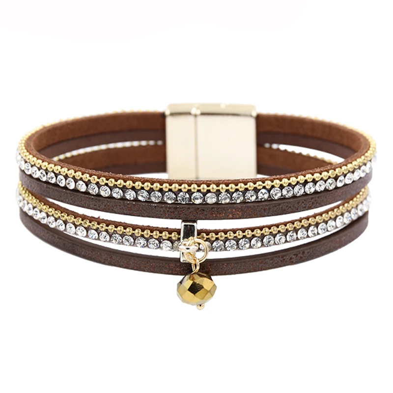 

Multilayer Leather Bracelets for Women Vintage Rhinestone Bracelet & Bangle Crystal Pendant Wristband Pulseras Mujer 2019
