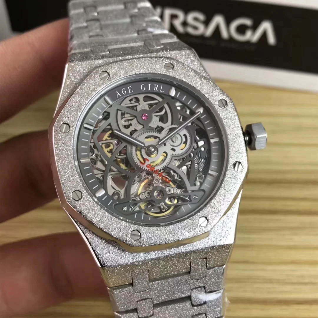 

Luxury Brand New Men Stainless Steel Automatic Mechanical Sapphire Watch Silver White Black Tourbillion Skeleton Royal Oaks AAA+