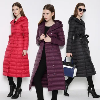 

New X- long down jacket women Europe white duck down fashion female double breasted coat with a hood Parka for women
