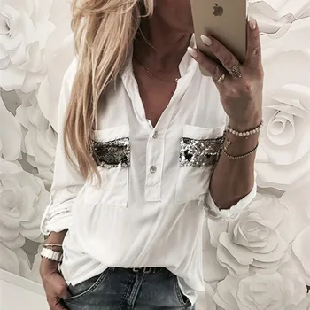

Womens Blouse Spring Autumn 2020 New Long Sleeve Button-Down Low Cut Sequined Blouse White Casual Shirt Tops Fashion Clothes