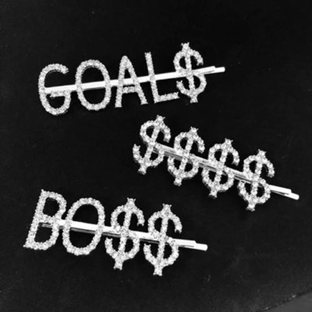 1PC GOAL$/$/BO$ Crystal Rhinestone Letter Hairpins Metal Hair Clips Barrettes Headwear Hair Styling Accessories for Women