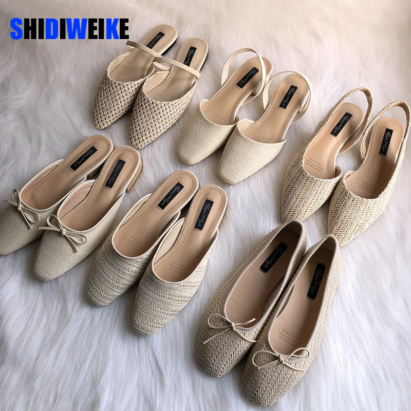 Zapatos de verano para mujer, zapatillas de paja transpirables de tejido de caña de 6 estilos, mocasines planos sin cordones con lazo