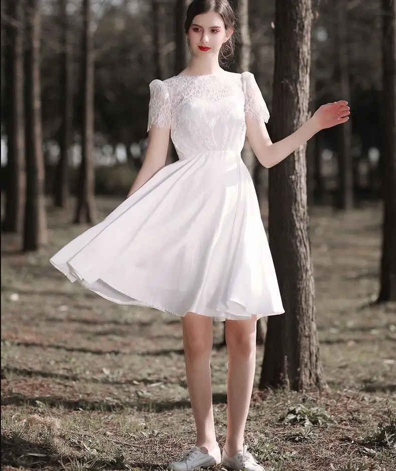

Informal A-line Knee Length Lace Taffeta Short Wedding Dresses With Short Sleeves Jewel Neck Zipper Back Little White Dress