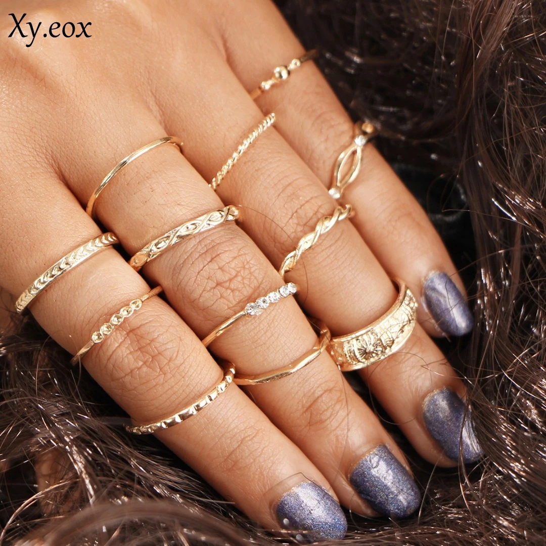 Set Di 12 Anelli Boho Knuckle Fashion Strass Oro Ritorto Pollice Stack Gioielli