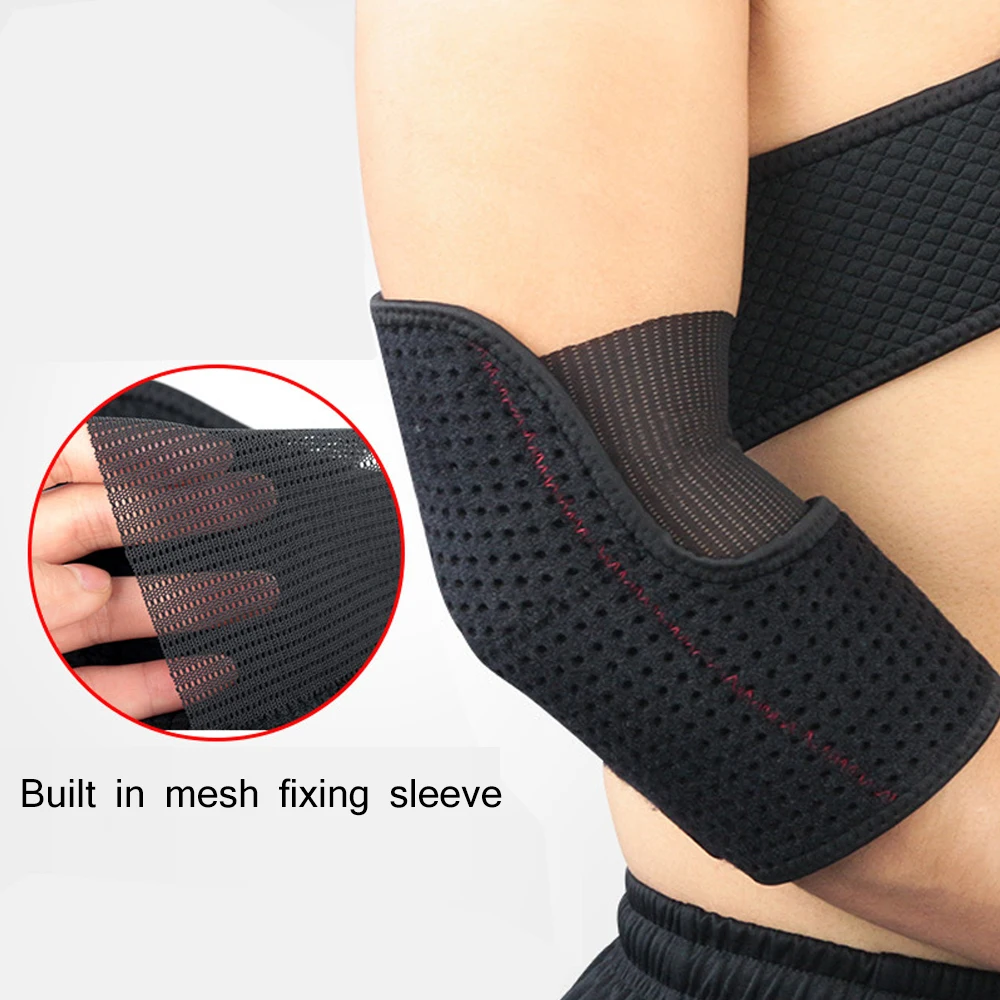 The elbow compression sleeve showing the two adjustable Hook and Loop locking straps that allow independent compression adjustment at two points on the sleeve for secure sport and daily activity wear.