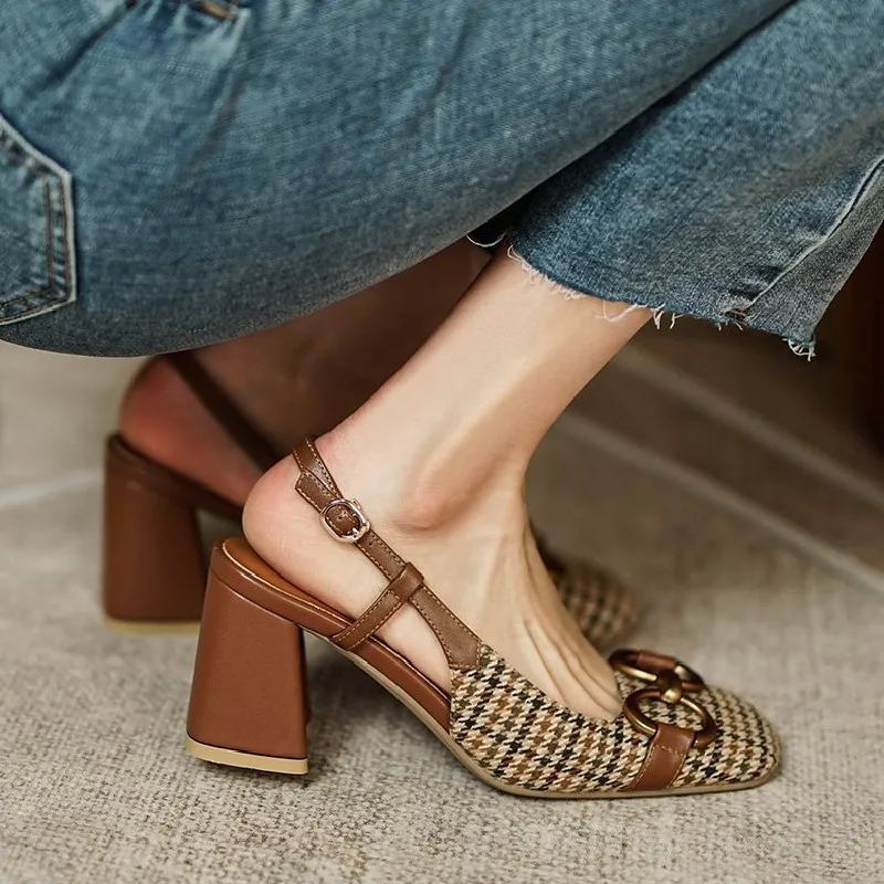Retro Plaid Fabric High Heels Shoes For Women Metal Buckle Square Toe Pumps Spring New Thick Heel Back Strap Ladies Office Shoes