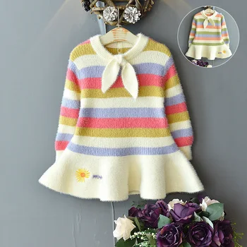

Girls winter sweater dress baby girl rainbow mink fleece warm dress knitted skirt girl bowknot cute striped fishtail dress