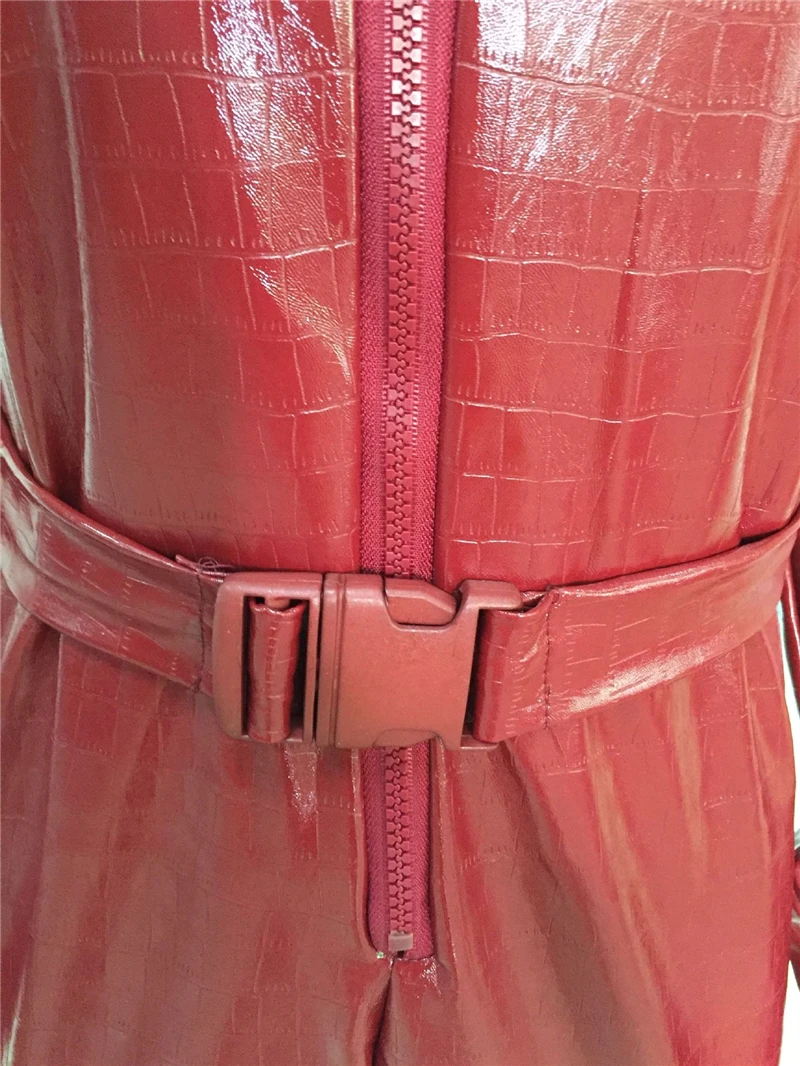 Red Black PU Leather Jumpsuit Front Zipper Sexy V Neck Erotic Spandex Skinny Romper with Belt Night Club Overalls Latex Costumes