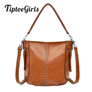 

Tiptoegirls Retro Bucket Ladies Bag Vintage Leather Fashion Woman Shoulder Bag Brand Luxious Rivets Women Bag Hot Selling