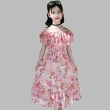 Летние платья для девочек; богемное Платье с принтом для девочек; вечерние платья с открытыми плечами для детей; Милая подростковая одежда для девочек