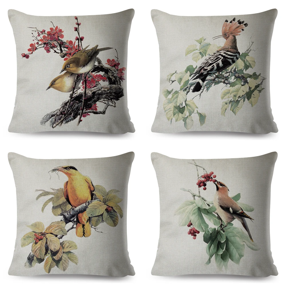 Bird Printed Pillow Case, Decorative Cushion Case, Sparrow Pillow