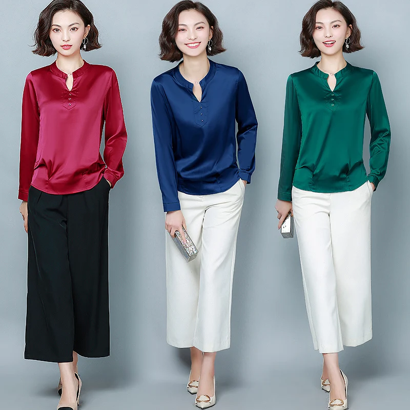 Блузка Женская атласная с длинным рукавом и V образным вырезом|Блузки| |