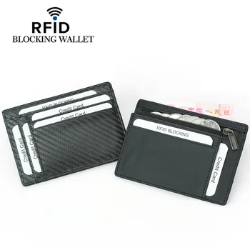 

New Style RFID Carbon Fiber Pattern Wallet First Layer Genuine Leather Zipper Change Wallet