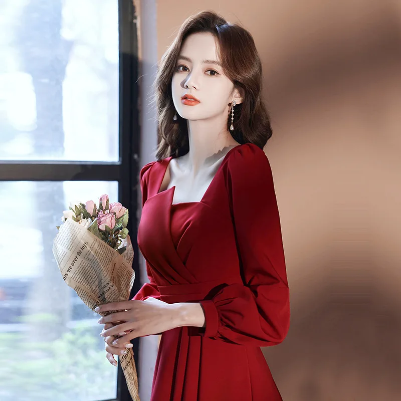 

Burgundy Female Square Collar Banquet Temperament Evening Dress vestidos de festa New French Style Birthday Party Dress