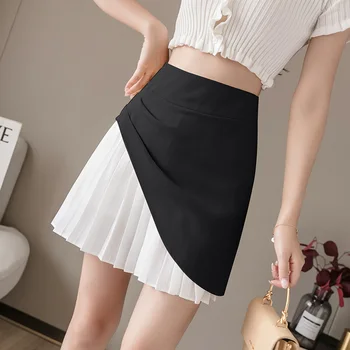 

Brand Summer Pleated Mini Skirt Women Fashion Patchwork Zip High Waist A-line Skirt Female Streetwear Above Knee Hot Skirts