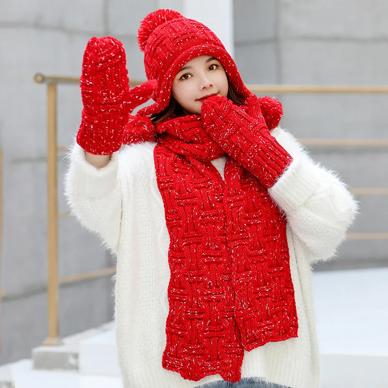 Hat scarf 1 Зимняя вязаная шерстяная шапка, Женская шерстяная шапка с помпоном, утолщенная шапка, костюм с нагрудником, теплая шапка с защитой ушей, три зимние шапки для женщин, Skullies - Цвет: Hat scarf 1