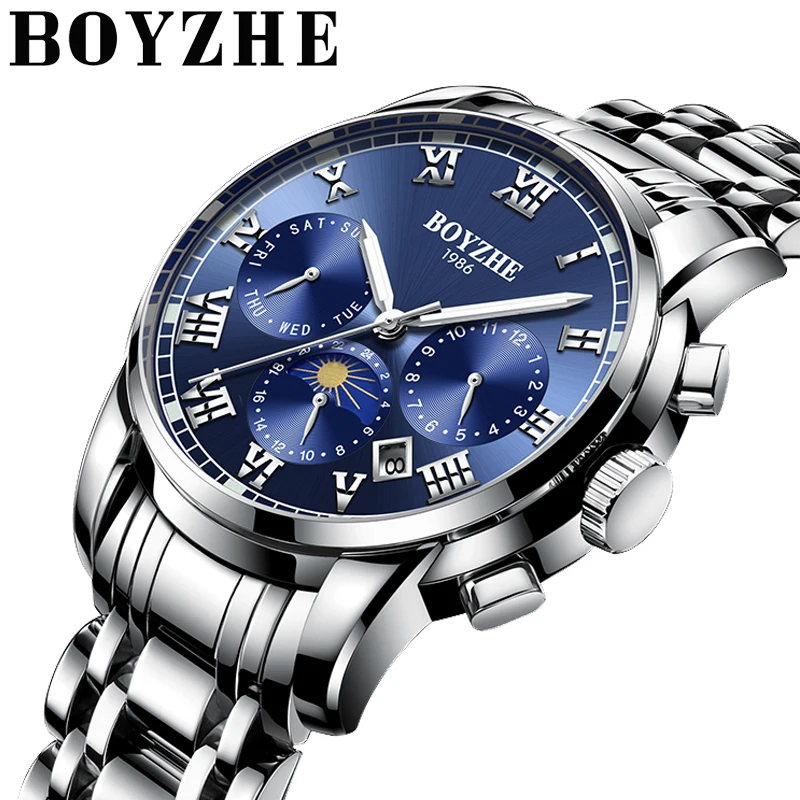 

BOYZHE New Series Classic Blue Dial Luxury Men Automatic Watches Stainless Steel 30m Waterproof Mechanical Watch