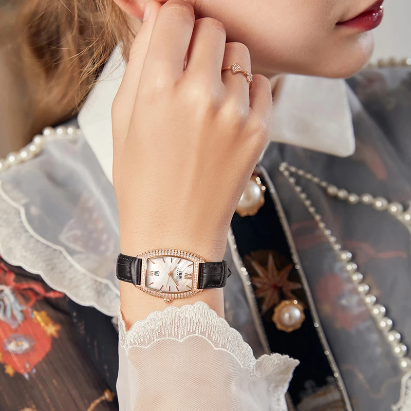 Relojes Para Mujer I&W New Switzerland Made Tonneau Quartz Watch Women Sapphire Calendar Leather Waterproof Ladies Watches 2021