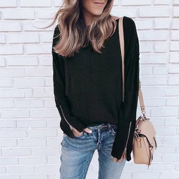 

Autumn Loose Knit Sweatshirt Female Pullover Tops Women Long Sleeve Hoodie Sweatshirt Casual Clothes Zipper Patchwork Design