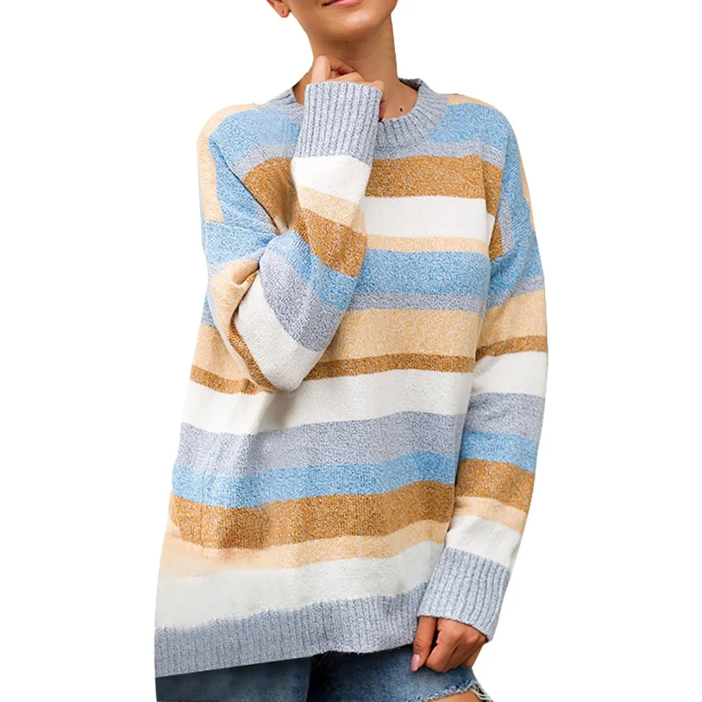 Pull Femme Hiver Dames пуловер размера плюс Женский вязаный лоскутный полосатый свитер с длинным рукавом и круглым вырезом Топ