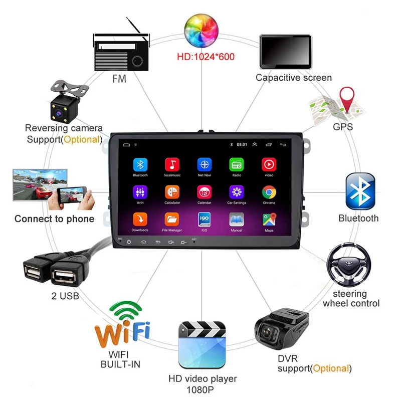 2 Din 9 дюймов для Android 8,1 автомобильный DVD мультимедийный плеер 1G+ 16G gps навигация wifi Bluetooth аудио плеер для-Volkswagen Sk-oda O