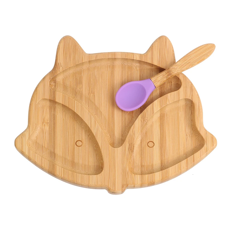 foxpurple Мультяшный набор посуды, Детская бамбуковая чаша на присоске, набор ложек для кормления, чаша всасывания, ложка для закусок, поднос, набор для ресторана - Цвет: foxpurple