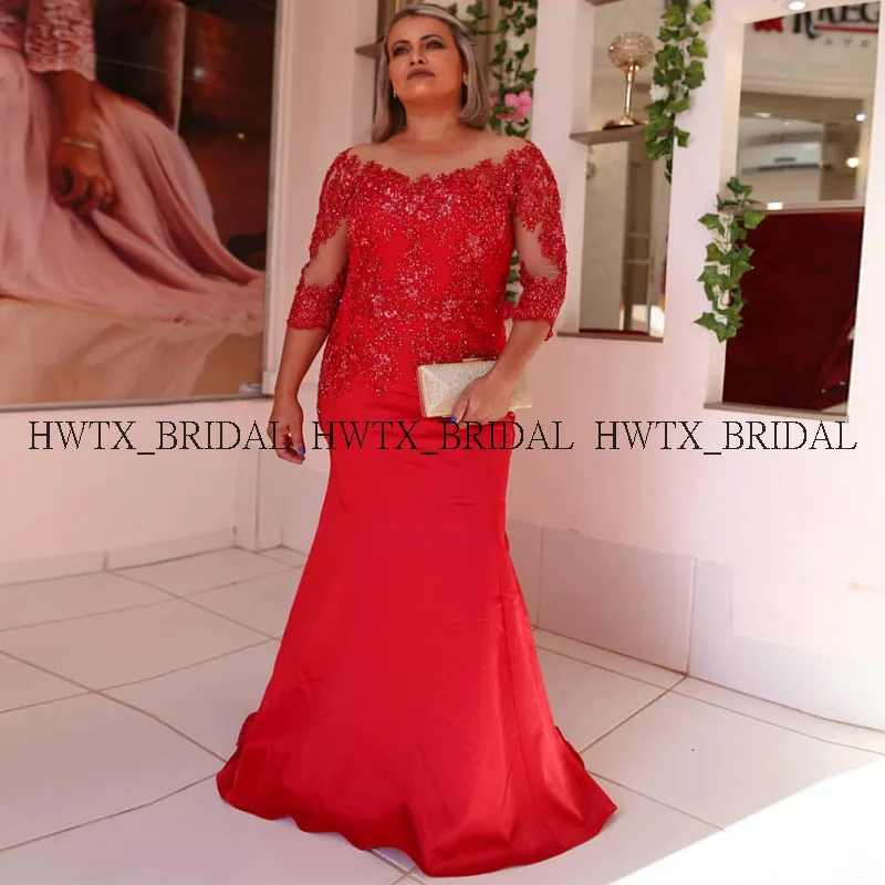 

Red Plus Size Mother of The Bride Dresses 2020 New Sheer Long Sleeves Heavy Beading Satin Mermaid Formal Party Evening Gown
