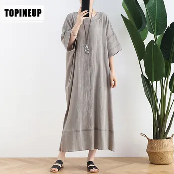 

Summer New Design sell well Loose Round Neck Long Dress Short Sleeve Solid Color Lazy Style Skirts Cotton And Linen Dresses