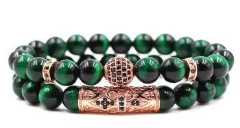 

8mm 2PCS/Set hrg3 elastic adjusted nature green Tigereye bead micro pave cz zircon cubic zirconia Copper Bangles Bracelet