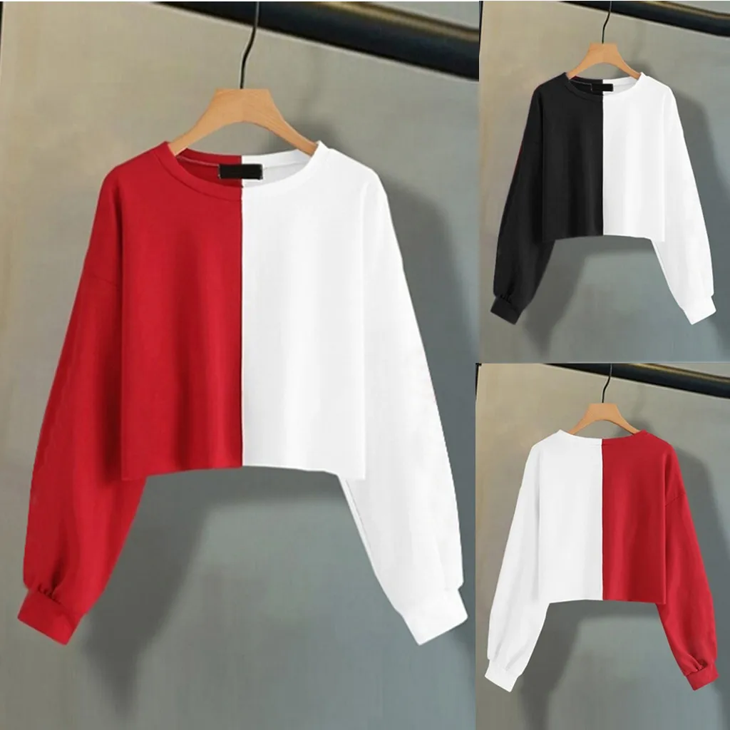 Black and White Stitching Cropped Womens Solid Long Sleeve Splice Sweatshirt Short Pullover Hooded Women Tops Streetwear 1