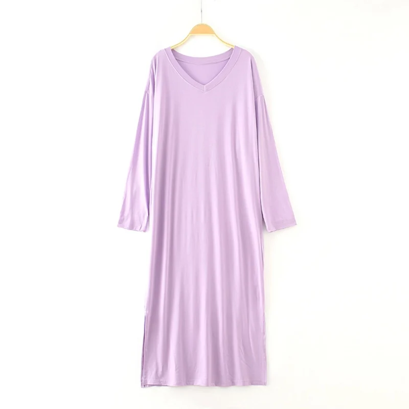 Ночная сорочка женская Свободная Ночная сорочка из обработанной вискозы однотонное платье с длинными рукавами большого размера для прибавления веса длиной мм Ночное платье - Цвет: Лаванда