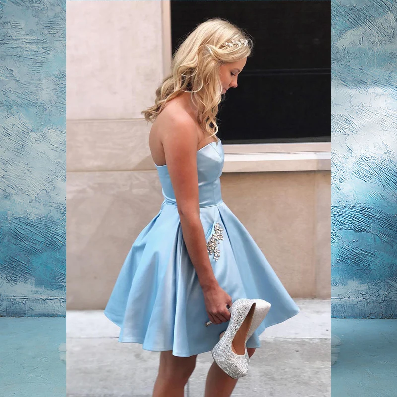 Атласные Короткие платья для выпускного вечера для Junior Vestidos Cortos без бретелек Выпускные торжественные платья с карманами