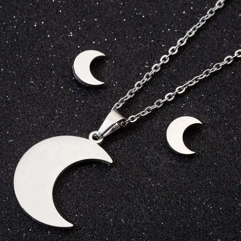Moon Set Hfarich, нержавеющая сталь, классический природный элемент, наборы, волна, снежинка, солнце, цветок, луна, молния, звезда, подвески, цепочка, ожерелье для женщин - Окраска металла: Moon Set