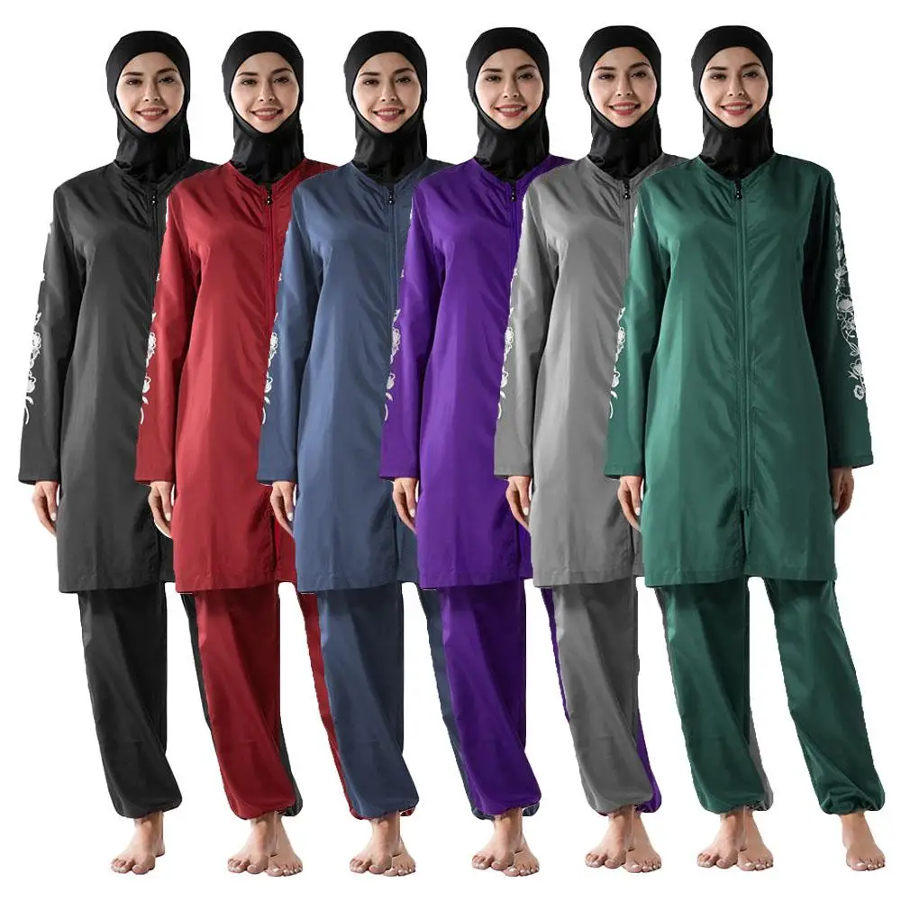 

Modesty Women Burkini Muslim Printed Swimwear Islamic Full Cover Sport Swimsuit Beachwear Arab Conservative Costumes Suit 3PCS