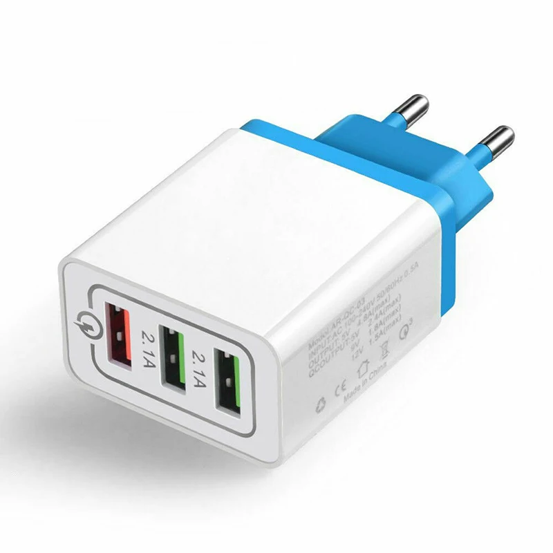 Light Blue Быстро Зарядное устройство США/ЕС Подключите мобильный телефон QC 3,0 USB 3 порты, для сотового телефона для подключения к настенной быстро Зарядное устройство для зарядки для samsung Galaxy - Тип штекера: Light Blue