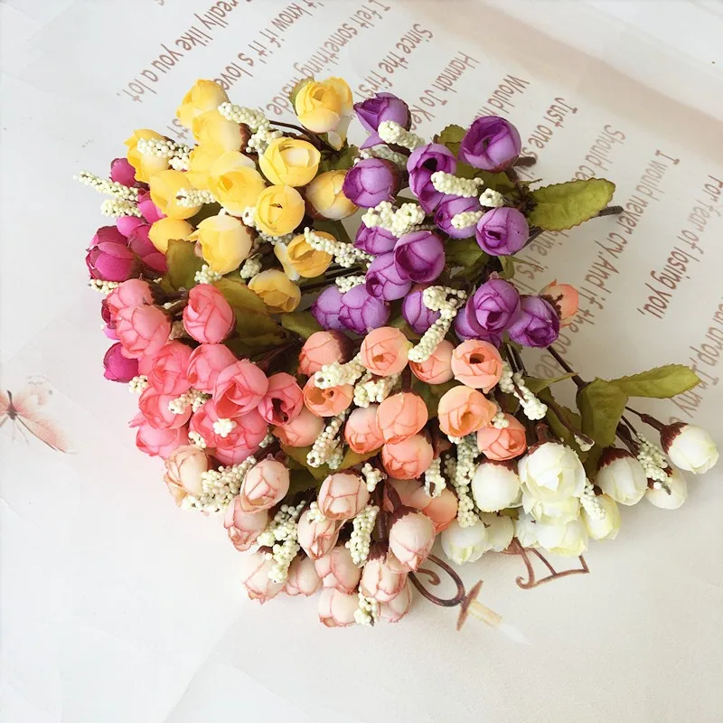 

15pcs/1 bundle Silk tea roses Bride bouquet for Christmas home wedding new Year decoration fake plants artificial flowers adorn