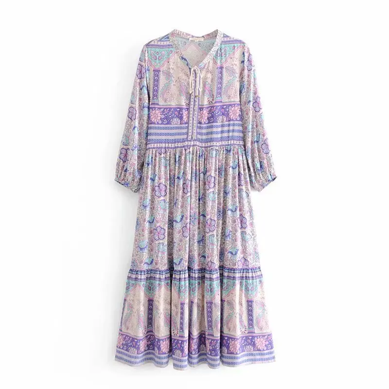 

2019 Western Style Spring And Summer WOMEN'S Dress New Style Lilacs Positioning Printed Lace-up Long Sleeve Loose-Fit Large Long