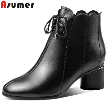 

ASUMER Big size 34-42 New full genuine leather ankle boots round toe lace up thick high heels ladies boots fashion women boots